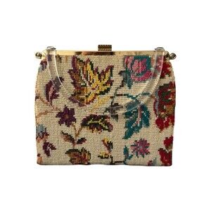 Ambassador Original Floral Needlepoint Lucite Handle Kiss Lock Handbag Purse Vtg